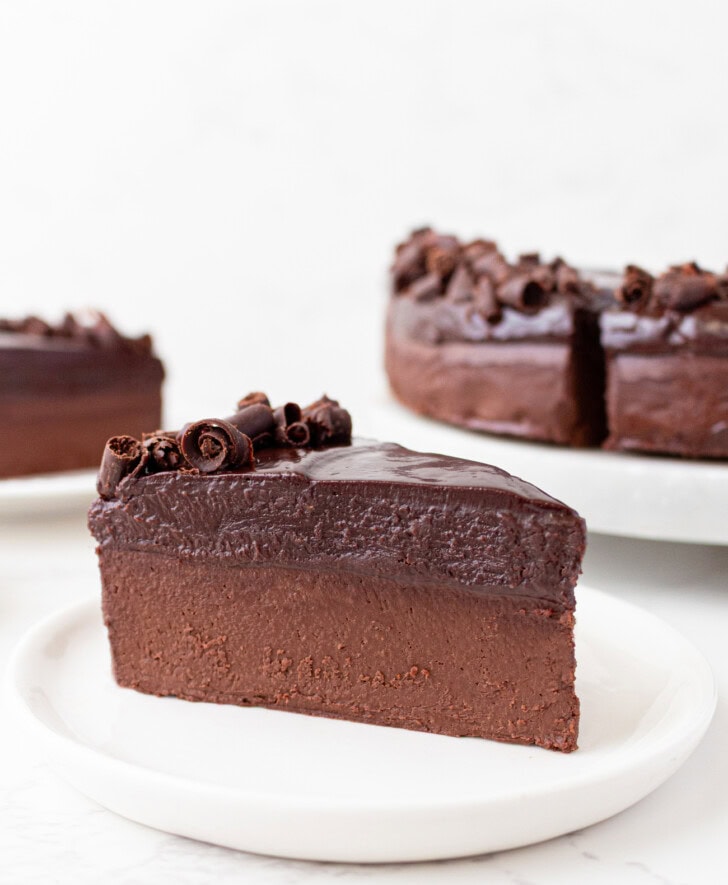 A slice of chocolate cake with chocolate frosting