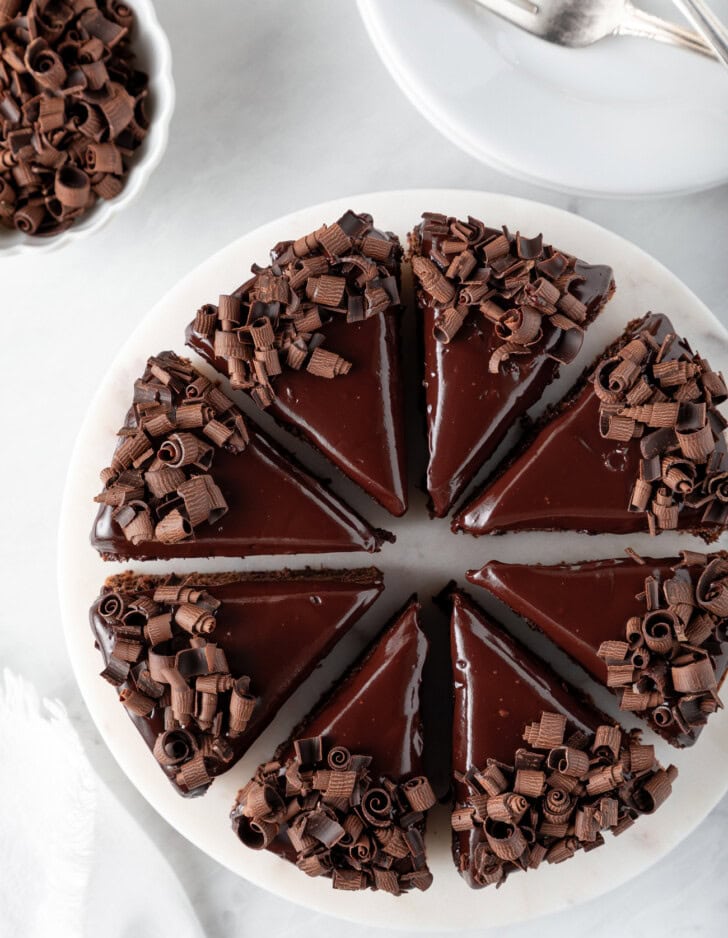 A chocolate cake cut into slices