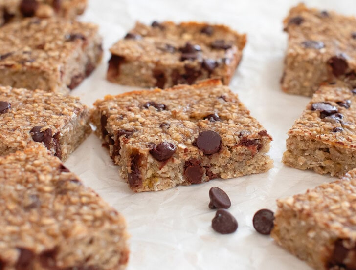 Oatmeal bars with chocolate chips cut into squares