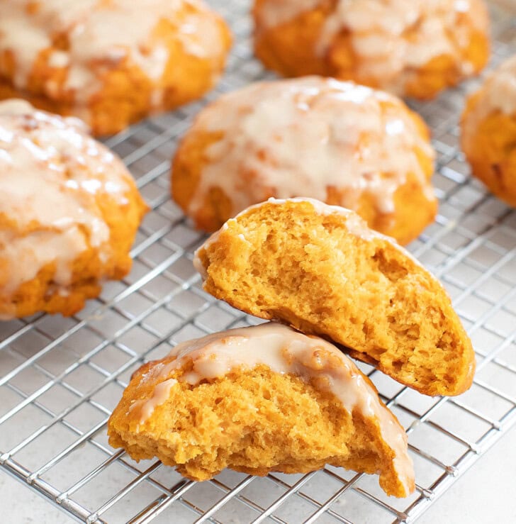 A pumpkin fritter cut in half