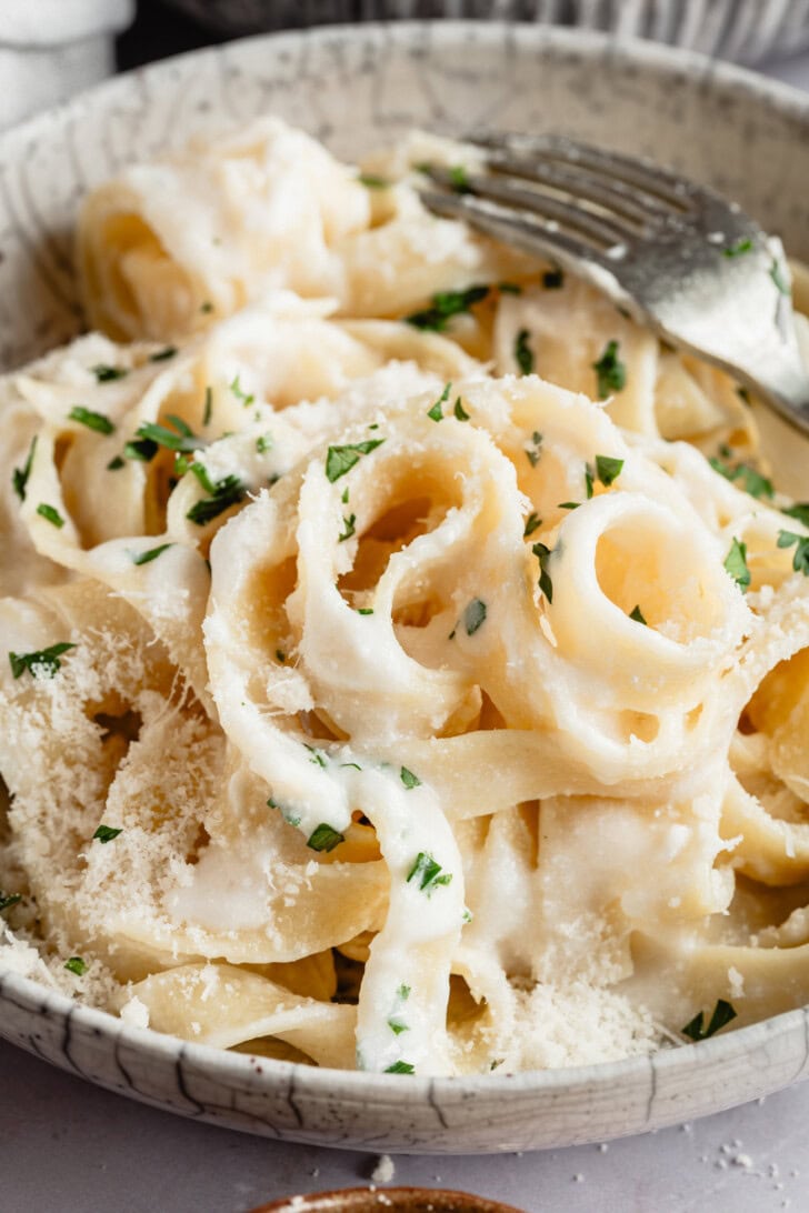 A close up of Fettuccine Alfredo with a cottage cheese sauce