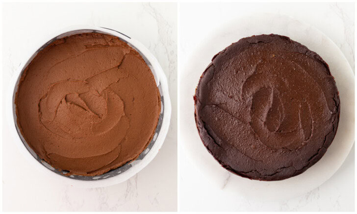 Chocolate cake batter in a cake pan and after baking
