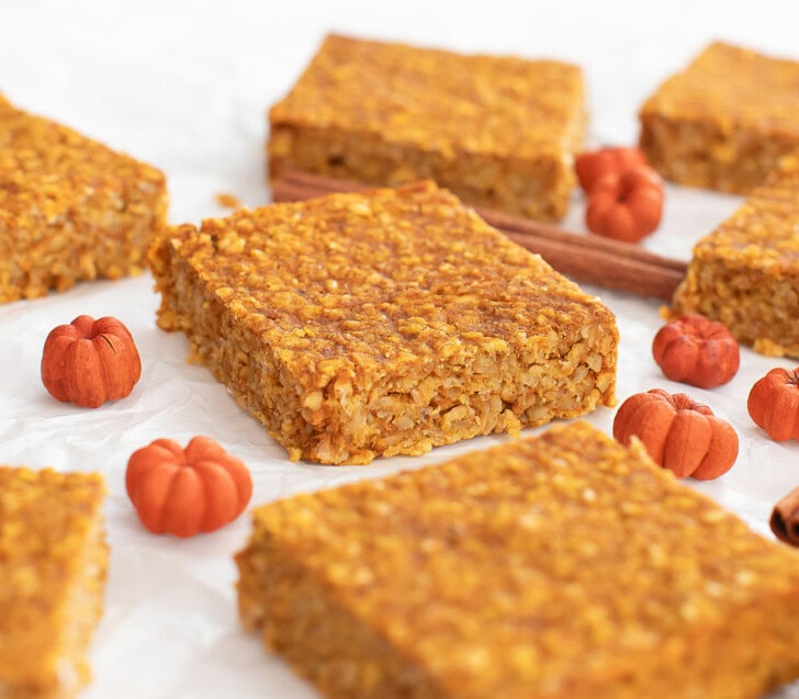 Pumpkin Pie Oatmeal Bars cut into squares