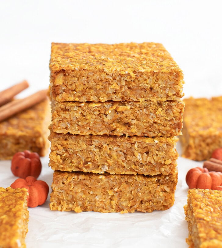 A stack of four Pumpkin Pie Oatmeal Bars