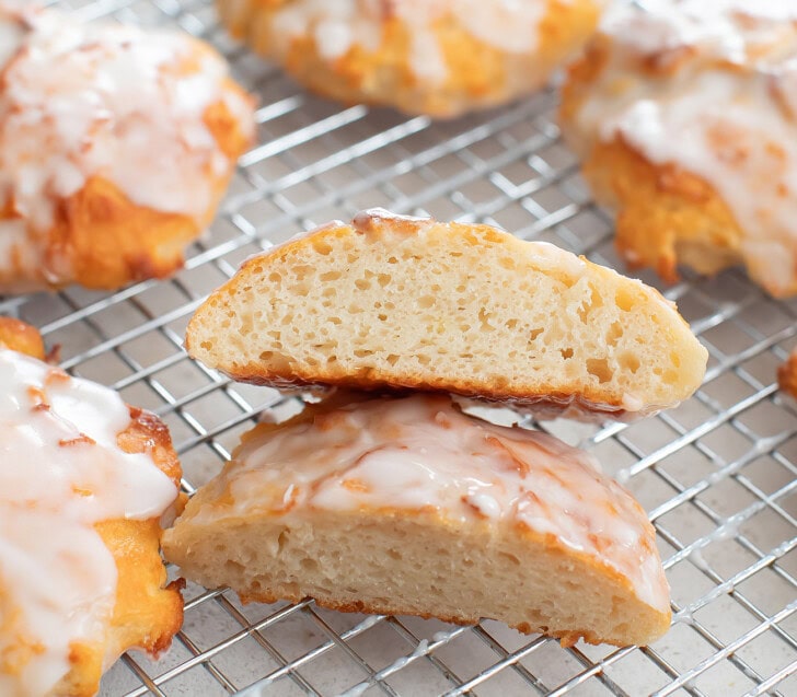 A fritter cut in half