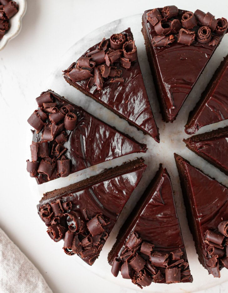 Chocolate cake cut into eight slices
