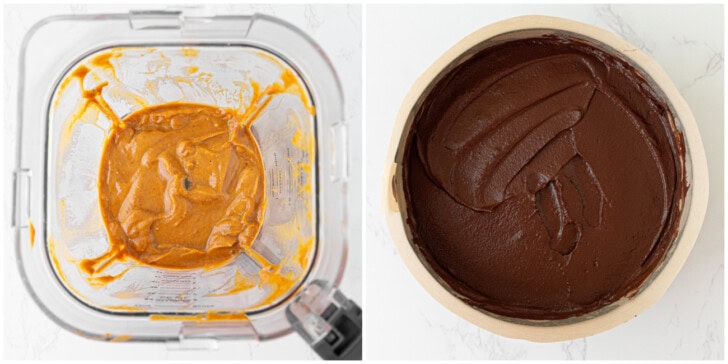 Cake batter in a blender and spread in a prepared cake pan