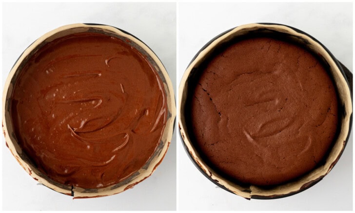 Chocolate cake batter in a cake pan and after baking