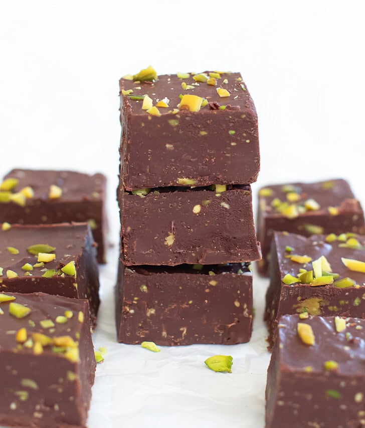A stack of three Pistachio Fudge squares