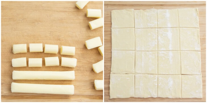 Steps to make cheese balls with string cheese and puff pastry