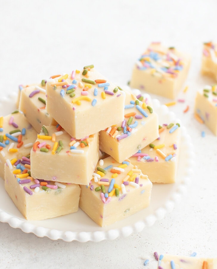 Sugar Cookie Fudge in a pile on small plate
