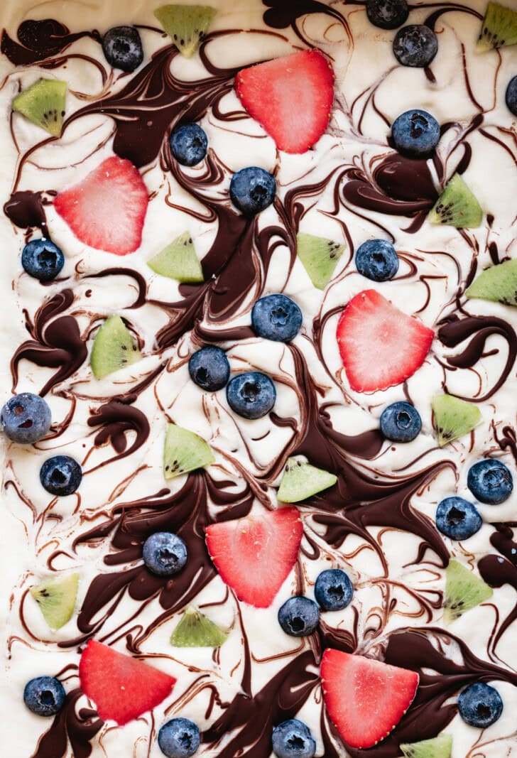 Yogurt bark with strawberries, blueberries and kiwi