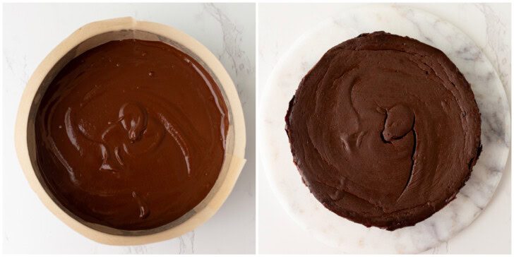 Chocolate cake batter in a pan and after baking