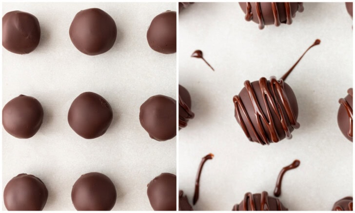 Coconut balls dipped in chocolate and then drizzled with chocolate