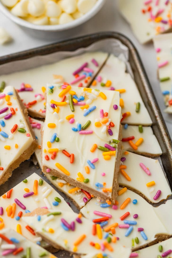 Sugar Cookie Bark with colored sprinkles on top