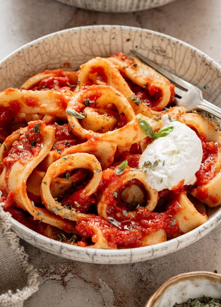 Pasta in a bowl with a fork
