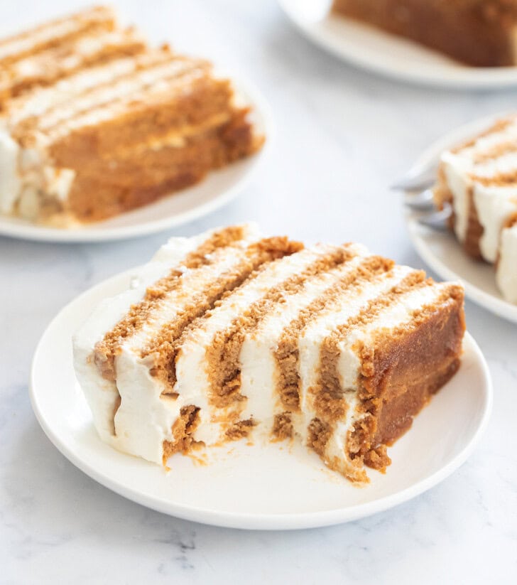 A slice of no bake yogurt cheesecake on a white plate
