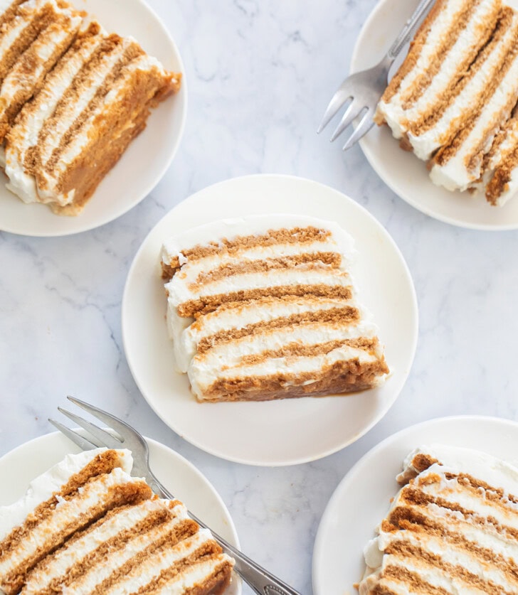 Slices of no bake yogurt cheesecake on plates
