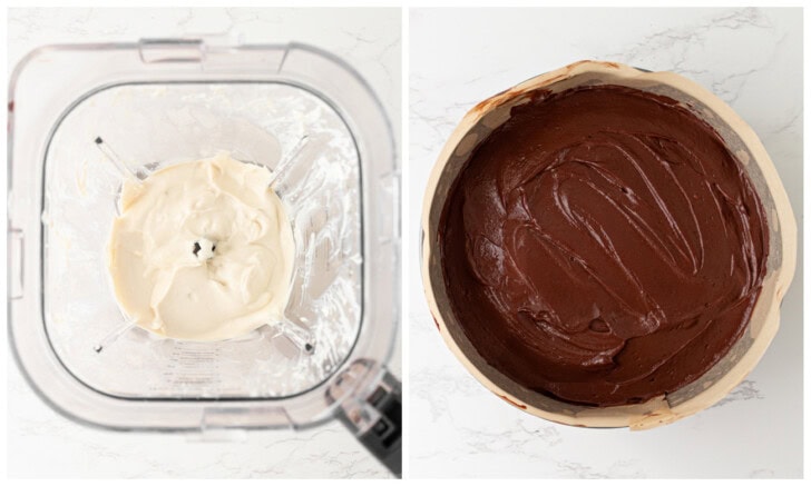 Tofu blended in a blender and then mixed together with chocolate poured in a cake pan