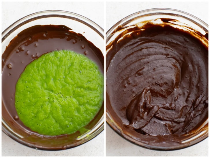 Melted chocolate and pureed zucchini in a glass bowl and then mixed together