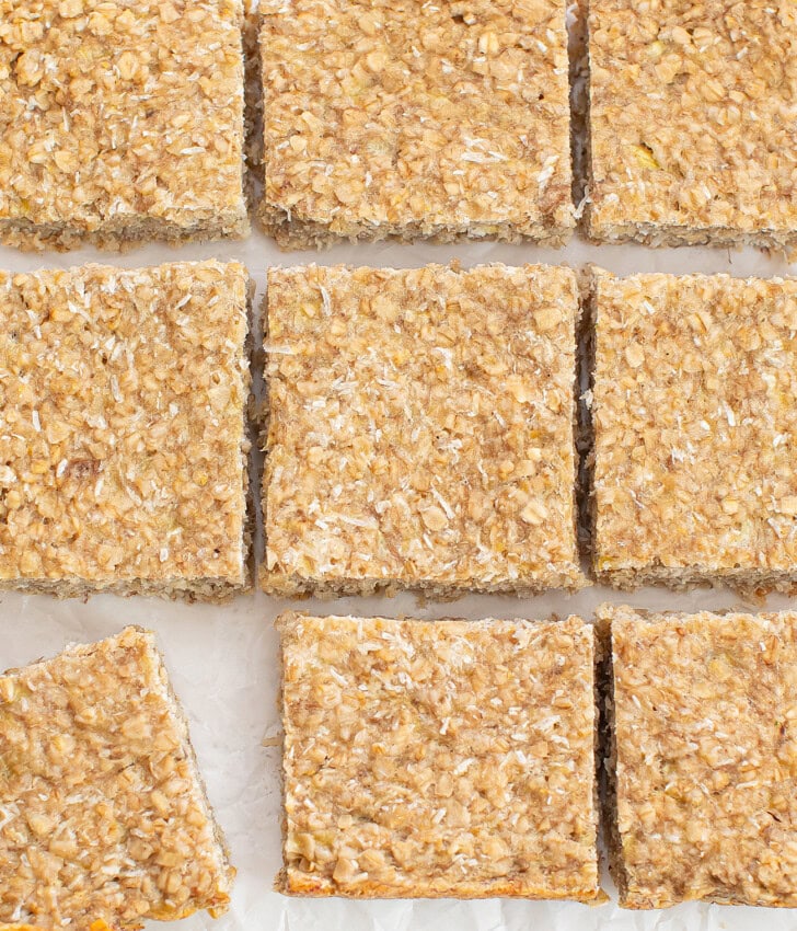 Coconut Oatmeal Bars cut into squares