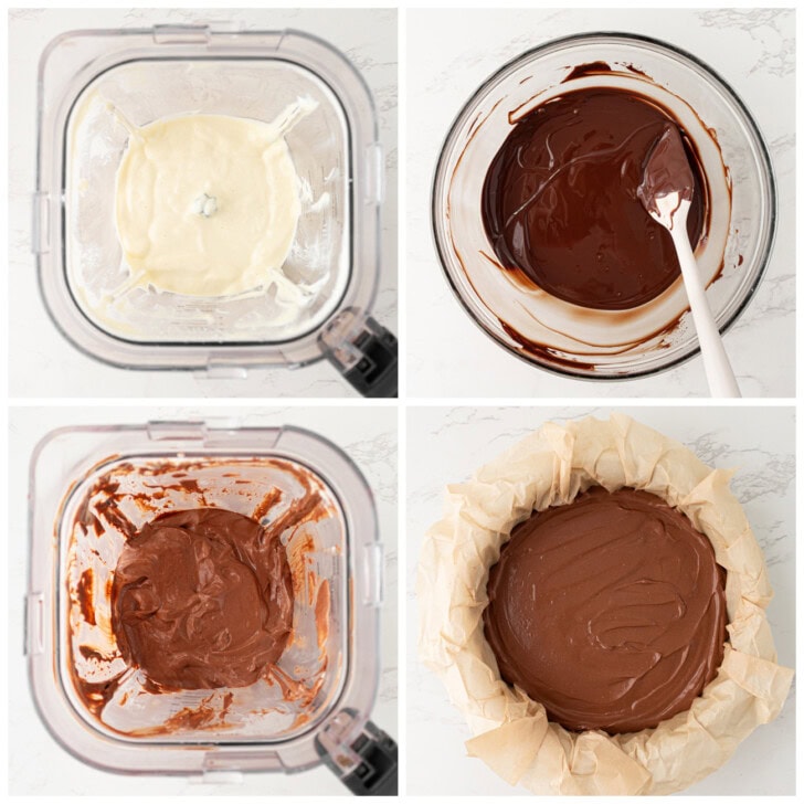 Steps to make the batter for a chocolate cake in a blender