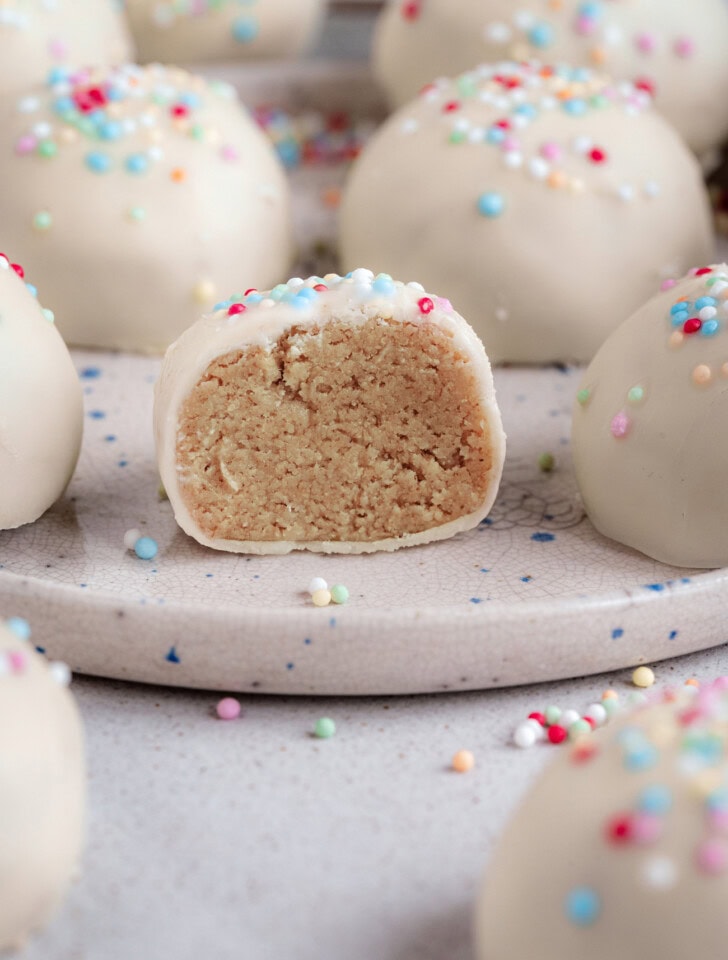 A cake ball cut in half