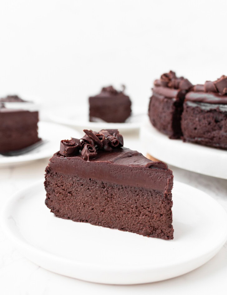 A slice of chocolate cake on a plate