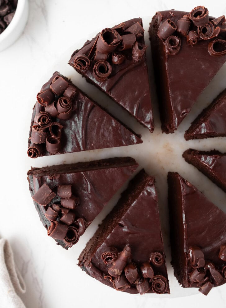 A chocolate cake cut into slices