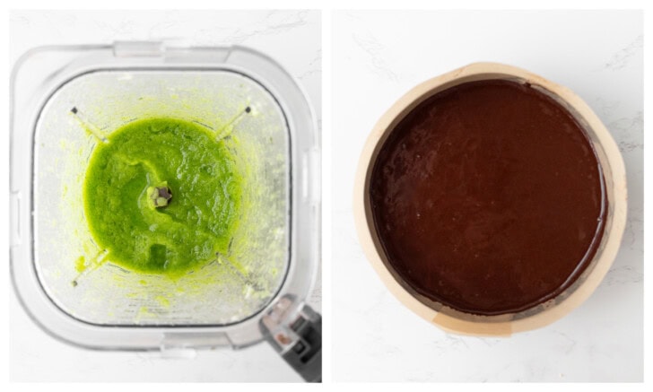 Zucchini blended in a blender and chocolate cake batter in a cake pan