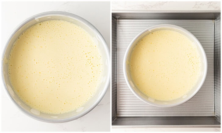 Cake batter in a round cake pan and then in a water bath