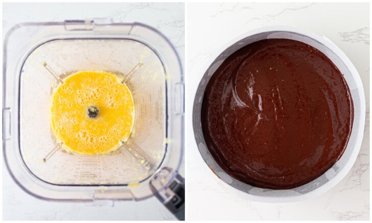 Oranges blended in a blender and then mixed with chocolate in a baking pan