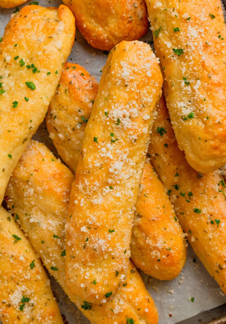 Golden brown breadsticks after baking