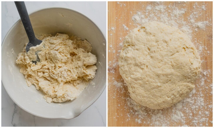 Dough being mixed in a bowl until it becomes a soft dough