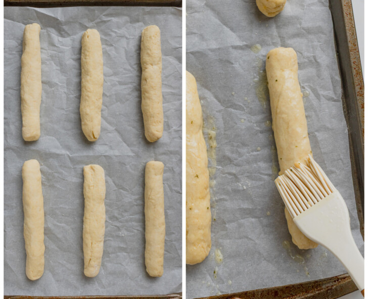 Dough rolled into logs and brushed with melted garlic herb butter