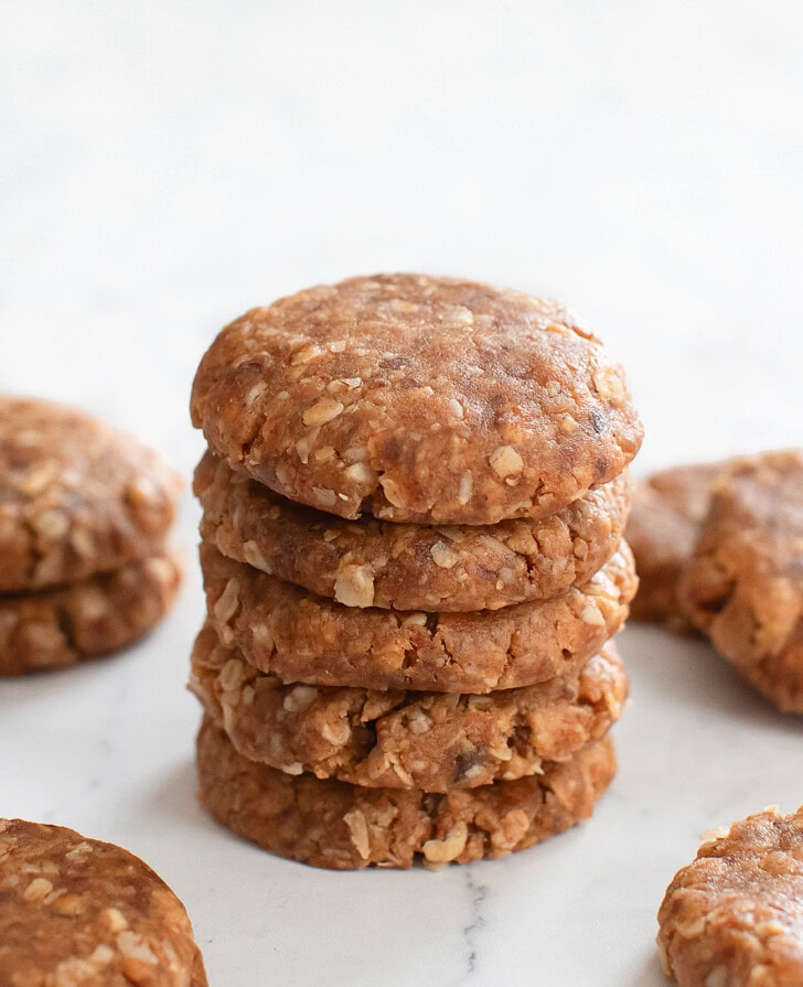 A stack of five No Bake Oatmeal Cookies