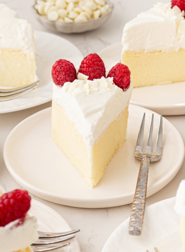 A slice of Yogurt Cheesecake on a plate with a fork