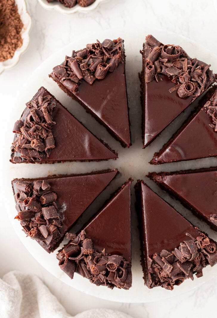 A chocolate cake cut into slices