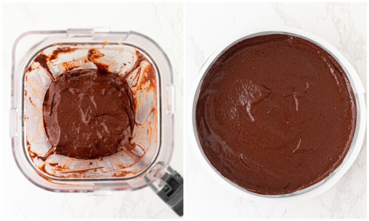 Cake batter in a blender and then in a cake pan