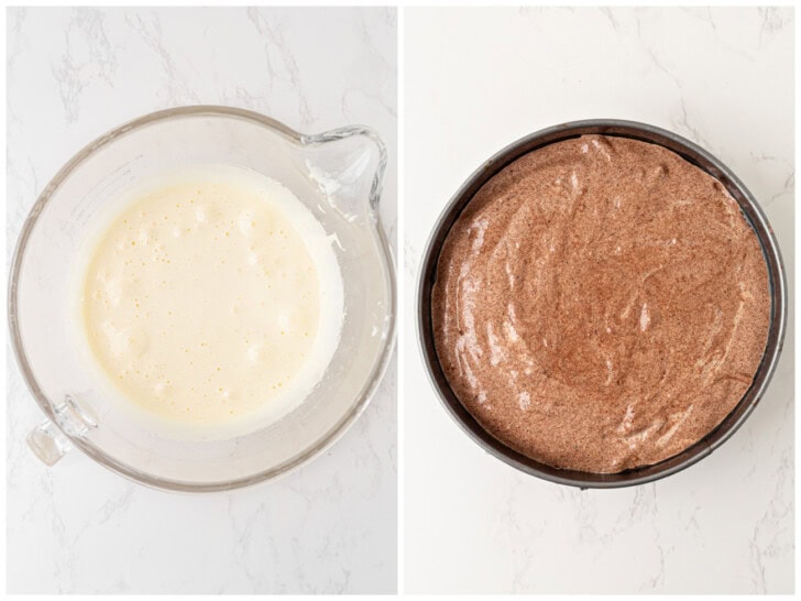 Cake batter in a glass bowl and then baked in a cake pan