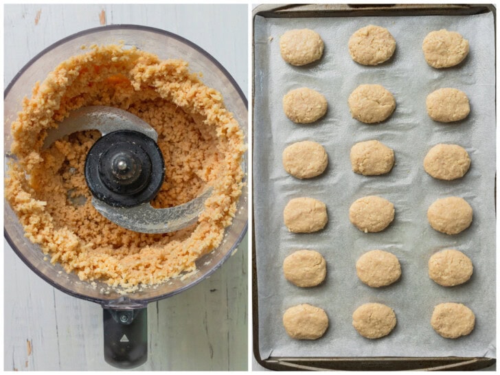 Chicken, cheese and eggs blended in a blender and then shaped into nuggets