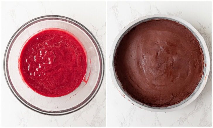 Raspberry puree in a glass bowl and mixed with chocolate in a cake pan