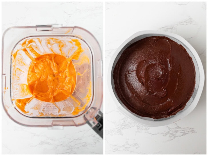 Cake batter in a blender and poured into a cake pan