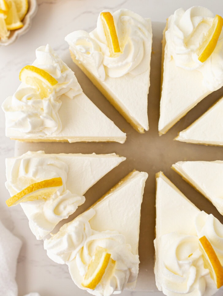 A Lemon Yogurt Cheesecake cut into slices