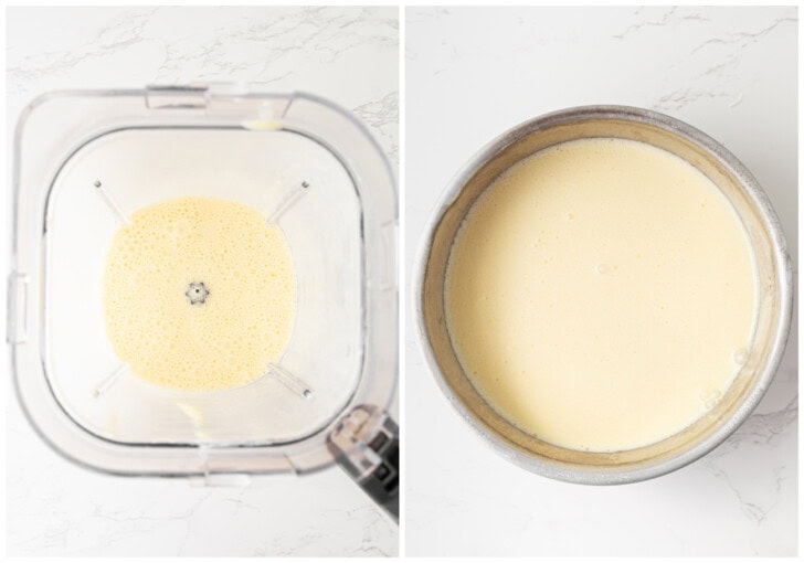 Ingredients mixed in a blender and then poured in a cake pan