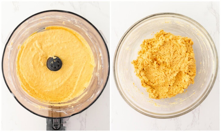 Ingredients blended in a food processor and formed into a thick mixture in a glass bowl