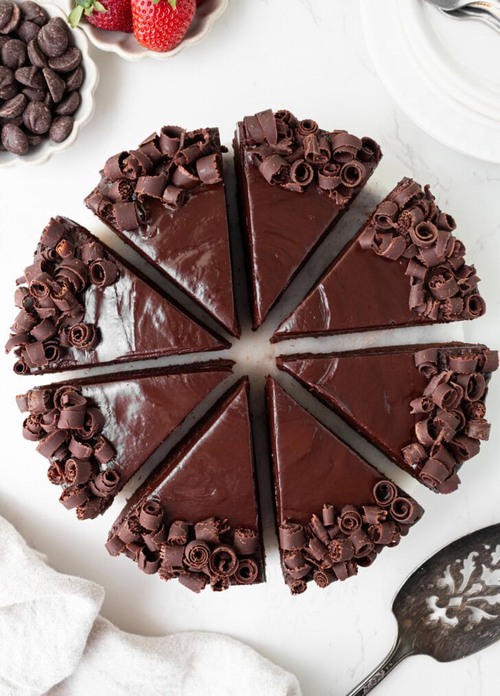 A chocolate cake cut into slices