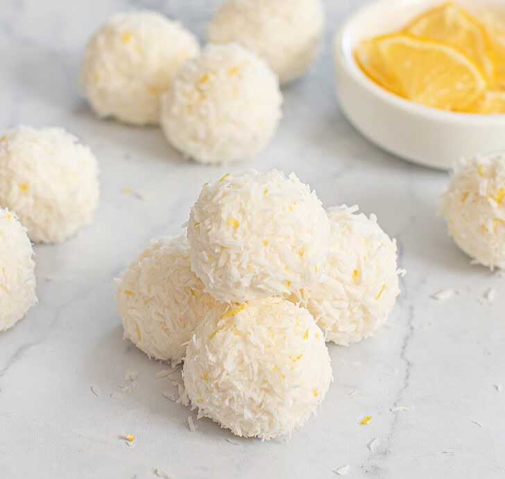 Lemon balls rolled in shredded coconut and lemon zest