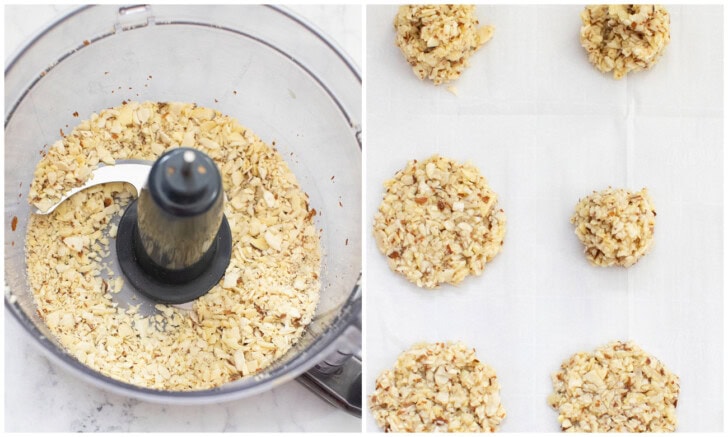 Pulsed almonds in a food processor and cookie dough on a baking sheet