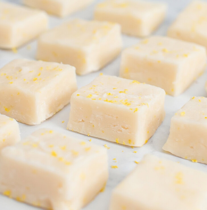 Lemon fudge pieces with lemon zest on top